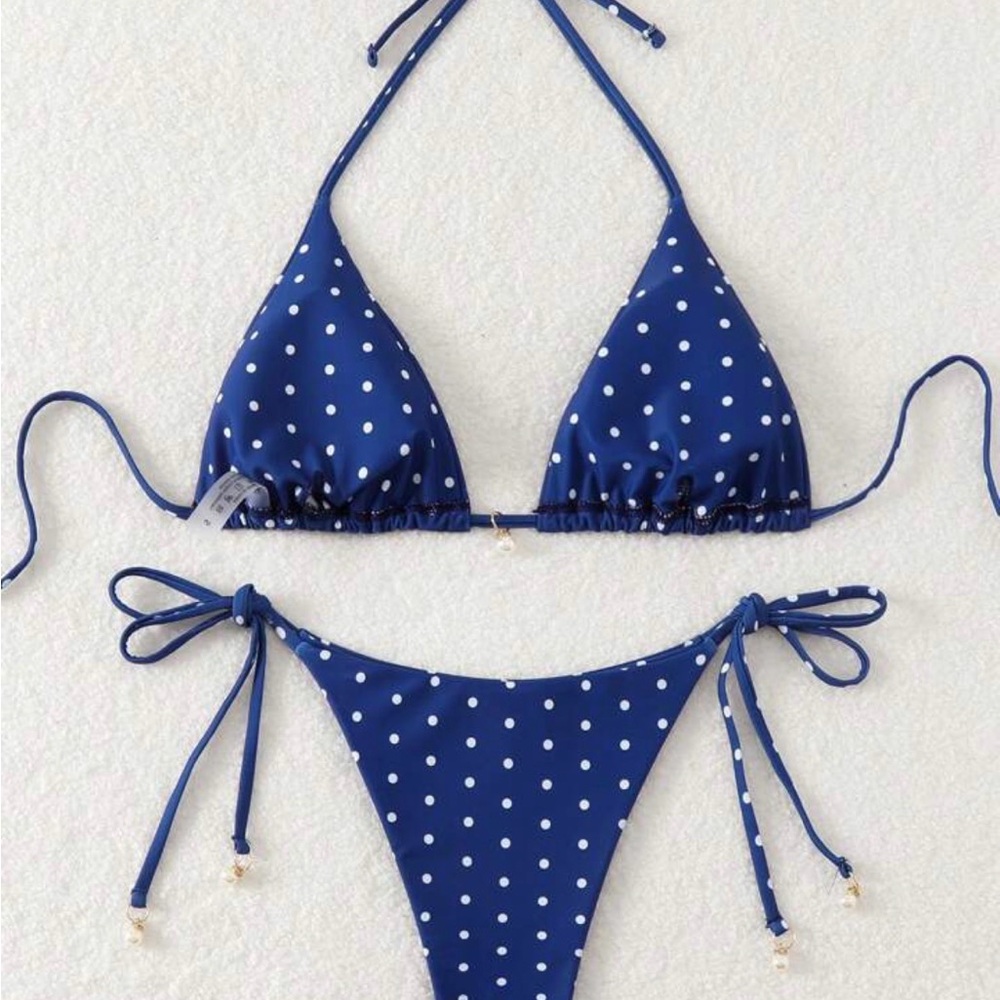 SHEIN Navy Blue Polka Dot Triangle String Bikini - Picture 2 of 6
